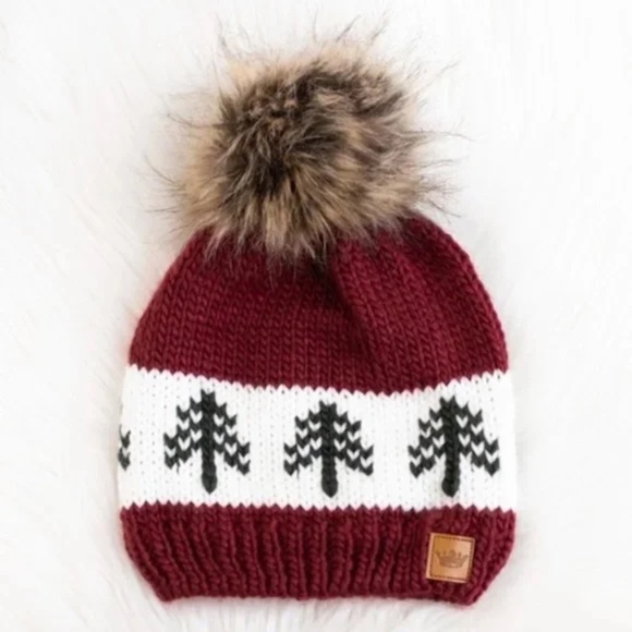 Burgundy Green Pine Evergreen Tree Holiday Knit Faux Fur Pom Beanie Winter Hat - Picture 3 of 3